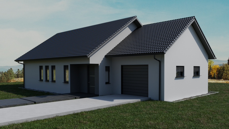 3D visualization of a single-storey house with a gabled roof