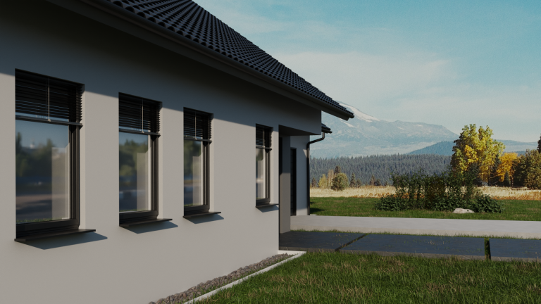 3D visualization of a house with a mountain view
