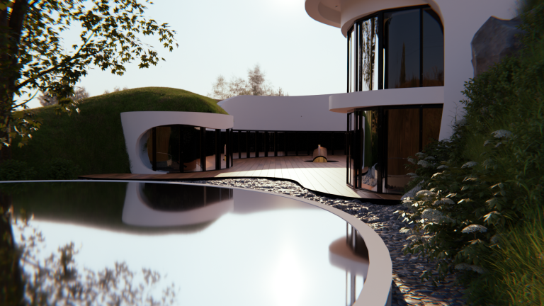 3D visualization of a modern villa with a pool and reflective water surface