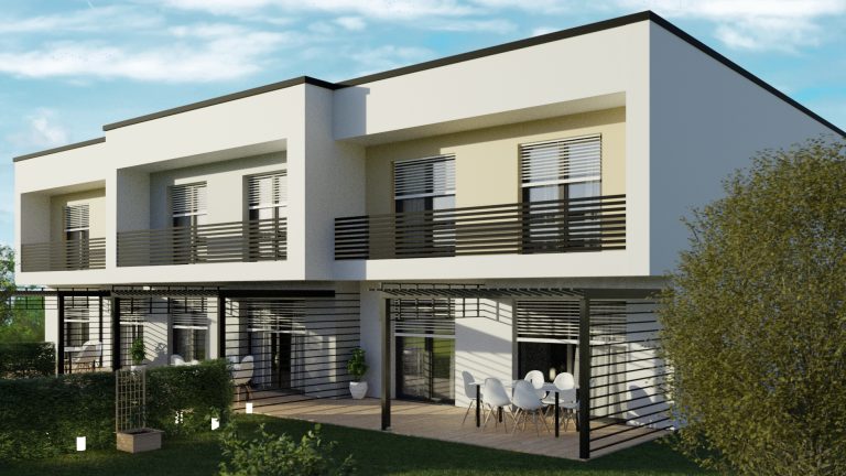 3D visualization of a semi-detached house with a wooden deck and garden