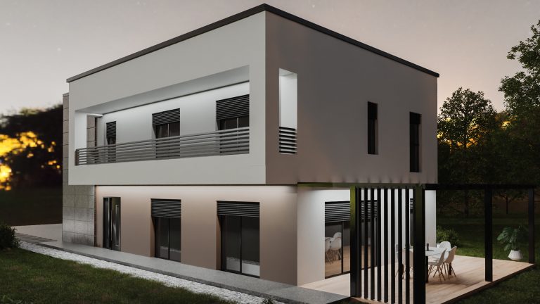 Night-time 3D visualization of a single-family house exterior with lighting
