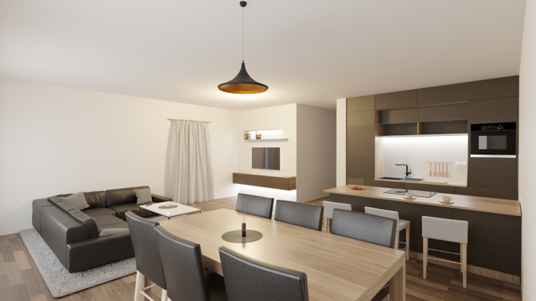 3D visualization of a living area with kitchen and dining space