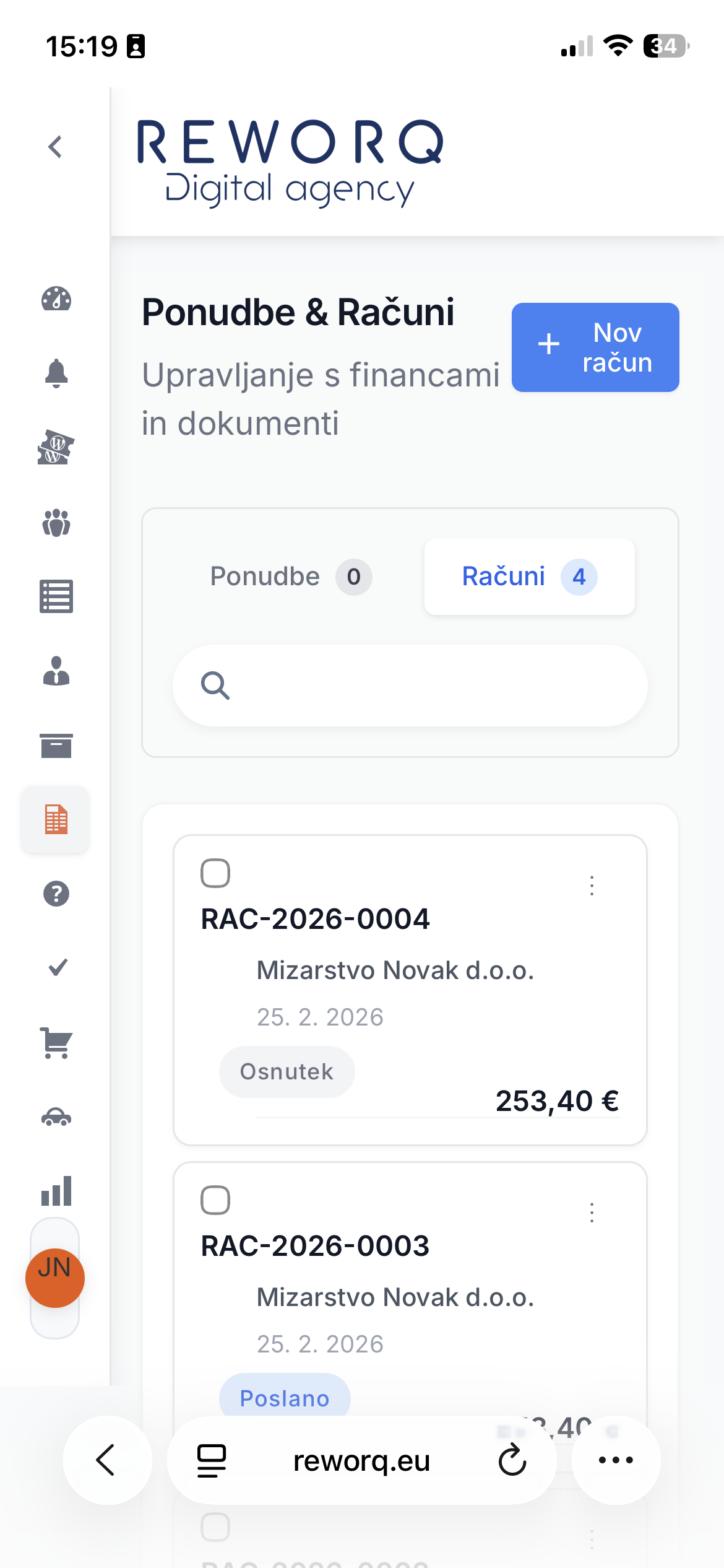 Mobilni prikaz programa za račune
