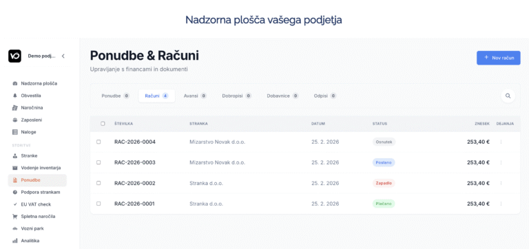 Vmesnik za izdajanje ponudb in računov s statusi plačil