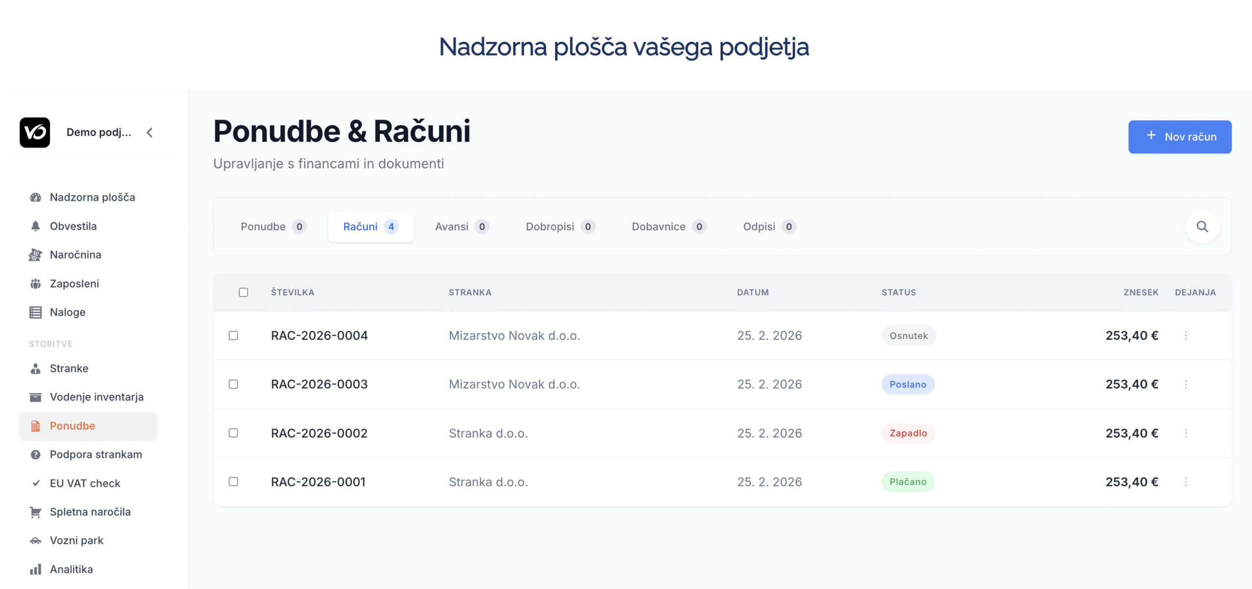 Program za pisanje računov - pregleden vmesnik