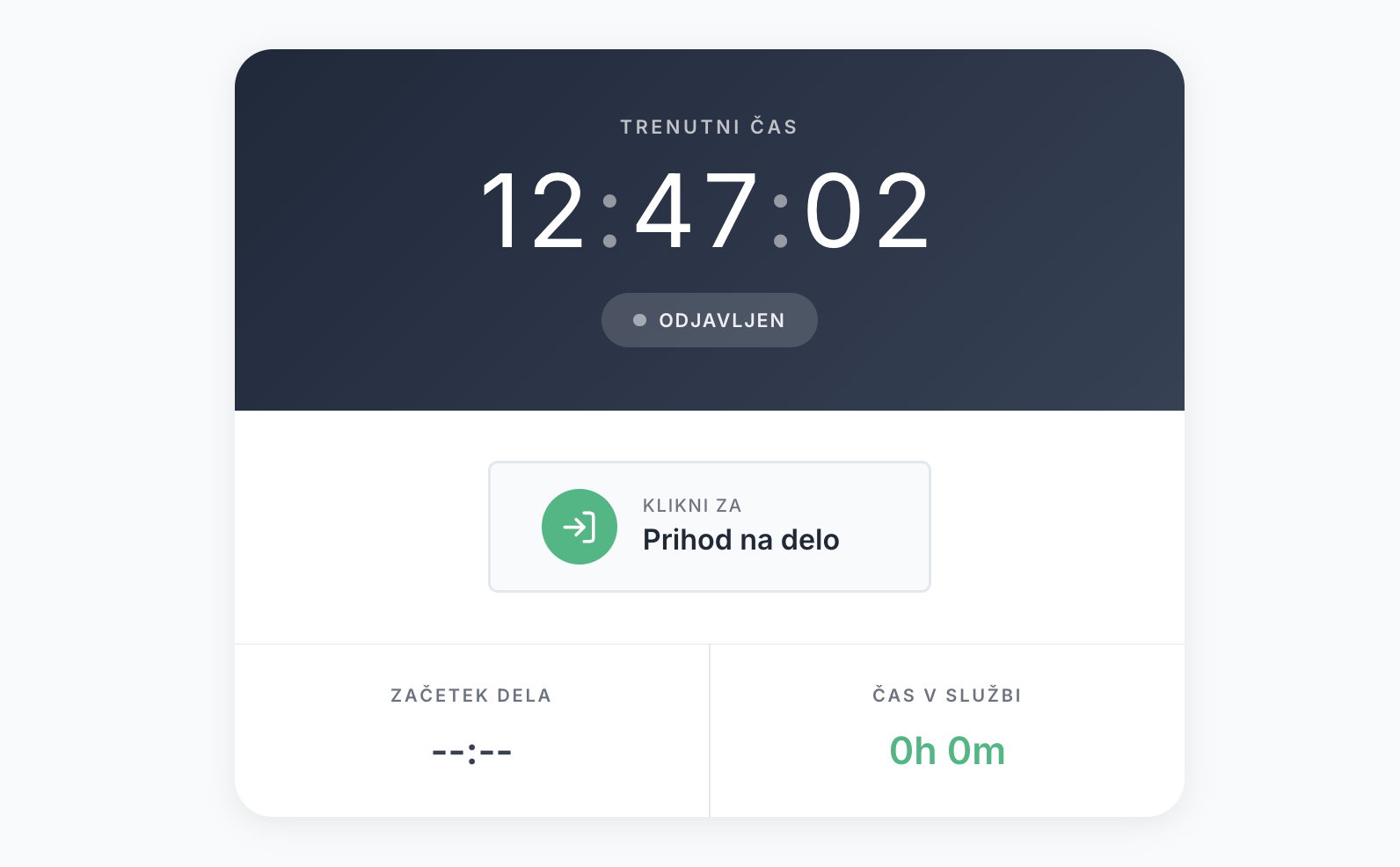 Program za evidentiranje delovnega časa – nadzorna plošča z registracijo prihoda na delo in spremljanjem delovnih ur